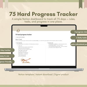 K&ouml;nnte beinhalten: Ein Laptop-Bildschirm zeigt ein "75 Hard Progress Tracker" Notion-Dashboard. Der Bildschirm zeigt den Text "75 Hard Progress Tracker" und "Ein einfaches Notion-Dashboard, um alle 75 Tage zu verfolgen - Regeln, Aufgaben und Fortschritte an einem Ort." Zus&auml;tzlicher Text umfasst "3 Fortschrittsansichten", "5 t&auml;gliche Aufgaben" und "automatisch berechneter Fortschritt."
