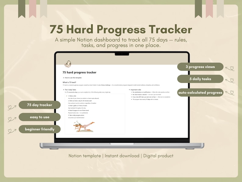 K&ouml;nnte beinhalten: Ein Laptop-Bildschirm zeigt ein "75 Hard Progress Tracker" Notion-Dashboard. Der Bildschirm zeigt den Text "75 Hard Progress Tracker" und "Ein einfaches Notion-Dashboard, um alle 75 Tage zu verfolgen - Regeln, Aufgaben und Fortschritte an einem Ort." Zus&auml;tzlicher Text umfasst "3 Fortschrittsansichten", "5 t&auml;gliche Aufgaben" und "automatisch berechneter Fortschritt."