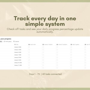 K&ouml;nnte beinhalten: Eine digitale Planer-Oberfl&auml;che mit dem Text &bdquo;Verfolgen Sie jeden Tag in einem einfachen System&ldquo;. Der Planer enth&auml;lt einen Fortschritts-Tracker mit Kontrollk&auml;stchen f&uuml;r t&auml;gliche Aufgaben wie Di&auml;t, Training und Lesen. Der Hintergrund ist hellgr&uuml;n.