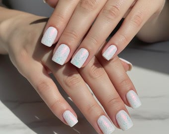 White Iridescent Dragon Scale Press On Nails • Fantasy Mermaid Chrome Set