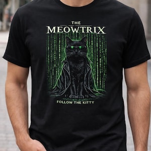 Meowtrix cat graphic T-Shirt | black matrix parody, neon code