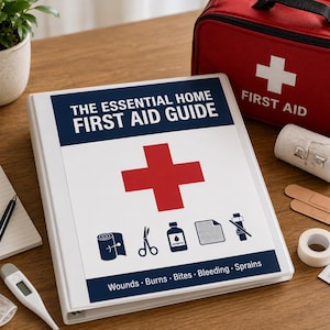 Puede incluir: Un botiquín de primeros auxilios para el hogar con una bolsa roja, una guía y suministros médicos. La guía se titula "THE ESSENTIAL HOME FIRST AID GUIDE" con una cruz roja e iconos. Incluye spray antiséptico, vendas y gasas.