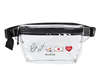 ナース絵文字アイコン ウエストポーチ | クリアスタジアムバッグ | ナース用ウエストポーチ、ブラック、クリア、虹色