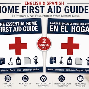 Guide essentiel de premiers soins à domicile | Plaies, brûlures, morsures, saignements (téléchargement numérique) | Version espagnole incluse