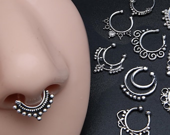 Handmade Oxidized Sterling Silver Septum Nose Ring, Clip-on Fake Piercing Jewelry