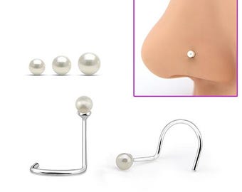Handmade Pearl Nose Screw, 925 Sterling Silver, Round Gemstone (22G)