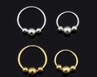3 Balls Style Hoop Ring 925 silver , 8mm,10mm Gold Platted Silver Nose Hoops & Upper Helix Earring