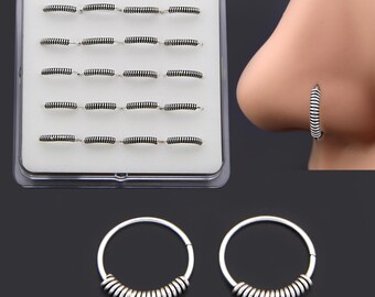 Silver Seamless Nose Ring Continuous Spring Hoops , oxidized spring nose piercing rings