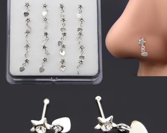 Sterling Silver Crystal Star Heart Dangle Nose Ring (22G-6mm)