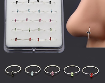 Double Gem Nose Ring , Double CZ 925 Silver Nose Ring Piercing 1pcs