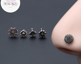 20G Oxidized Sterling Silver Daisy Nose Stud, Indian Nose Piercing , big floral design piercings