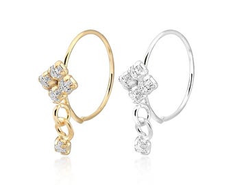 Sterling Silver Nose Ring: Cubic Zirconia Cluster, Dangle Charm