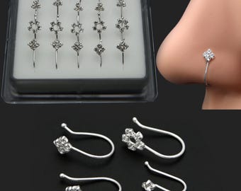 Handmade 925 Sterling Silver Crystal Nose Clip, Non-Piercing Flower Design
