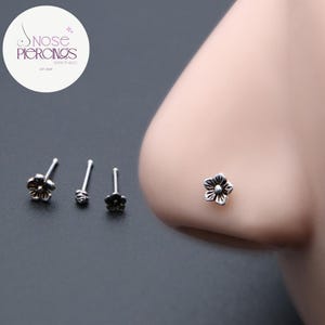 Handmade Oxidized Sterling Silver Flower Nose Stud, 20G