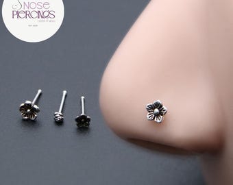 Handmade Oxidized Sterling Silver Flower Nose Stud, 20G