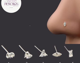 Sterling Silver L-Shaped Nose Stud, Cubic Zirconia 22G