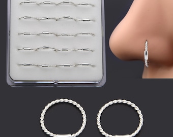 Oxidized Sterling Silver Twisted Nose Hoop Ring, Bali captive hoops
