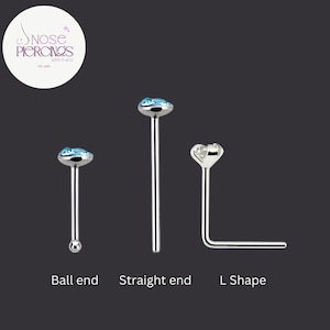 May include: Three silver nose piercings with different end designs: a ball end, a straight end, and an L-shape. The ball end features a light blue gemstone. The straight end has a light blue gemstone. The L-shape has a clear gemstone. The text "Nose Piercings" is in a circle.