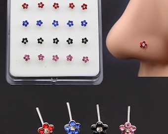 Sterling Silver Crystal Flower Nose Stud (22G), Tiny Flower Bones