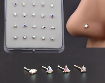 Tiny Sterling Silver Nose Bone Stud, AB Zirconia, Heart Star Triangle (22G)