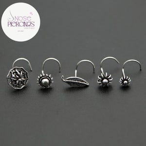 Handgemaakte geoxideerde sterlingzilveren neusschroef, bladontwerp met bloemen, neuspiercing in Indiase stijl