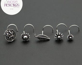 Handmade Oxidized Sterling Silver Nose Screw Stud, Floral Leaf Design , Indian style nose piercing