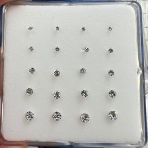 Puede incluir: Una caja de plástico transparente que contiene una variedad de pequeños piercings nasales redondos de cristal transparente. Los piercings están dispuestos en filas y columnas sobre un inserto de espuma blanca. Los cristales varían en tamaño.