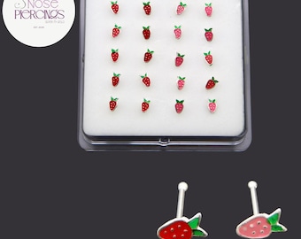 Strawberry Nose Studs – Sterling Silver Fruit Nose Bones, Pair