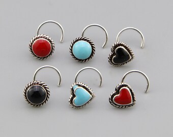 1pcs Enamel Oxidized Silver Nose screw , 925 Silver round ,Heart Enamel Nose Piercing  1pcs