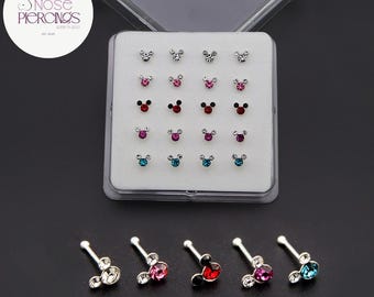 Mickey Mouse Crystal Nose Studs, 925 Sterling Silver, Mini Piercing
