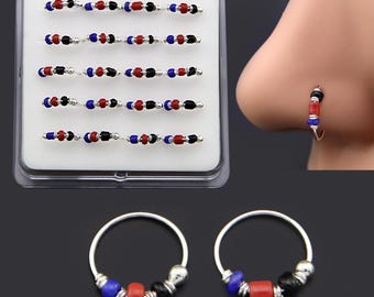 Sterling Silver Bali Nose Hoop Ring, 10mm Beaded Piercing Jewelry