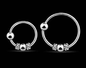 Sterling Silver Bali Style Nose Hoop with Beads (8mm, 10mm)