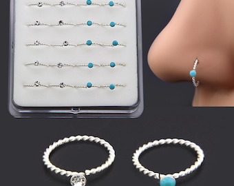 925 Sterling Silver Twisted Nose Hoop Ring with Turquoise, 10mm Hoop Size
