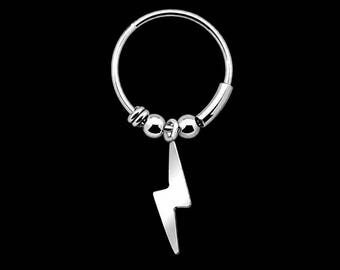 Sterling Silver Lightning Charm Hoop Nose Ring, 10mm Bail Dangle Piercing