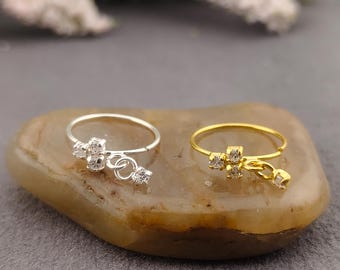20G Sterling Silver Dangle Nose Ring, Cubic Zirconia, Handmade