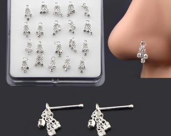 Handmade 3 Crystal Dangle Chain Nose Piercing , Crystal Piercing , Thin Chain Nose Ring