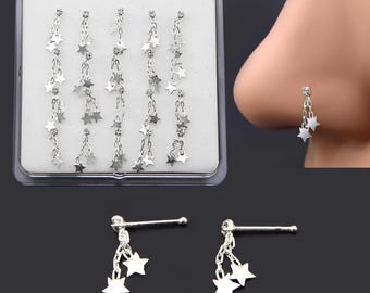 Sterling Silver Dangle Star Nose Ring, 22G Tiny Crystal Charm Piercing