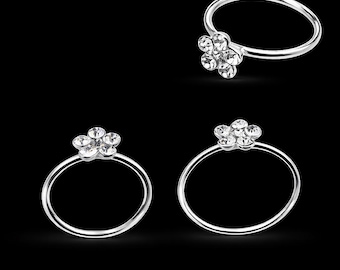 925 Silver Flower Crystal Nose Hoops , Sparkling Flower Nose Rings ,Seamless Floral Gold Nose Piercing Jewelry