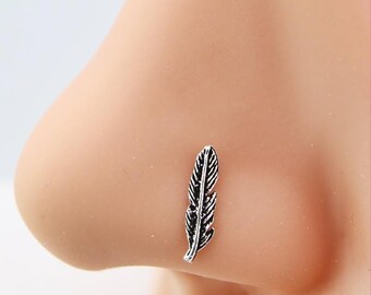 Leaf Nose Stud Set- sterling silver , oxidized big feather Nose Piercing