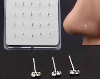 Double Crystal Nose Stud, 925 Sterling Silver Nose Piercing Jewellery