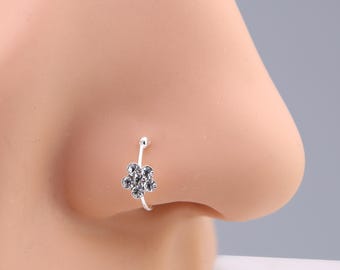 Fake Flower crystal Nose Ring , silver Crystal flower ear cuff ,Dainty Floral Tragus Cartilage Jewelry