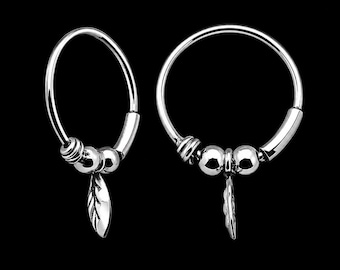Sterling Silver Bali Nose Hoop, Dangle Leaf Charm, Oxidized Beaded Style (10mm)