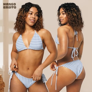 Gingham String Bikini Set | Retro Pastel Checkered Swimsuit | Eco-Friendly Recycled Poly Two-Piece Set | Adjustable Tie Bikini