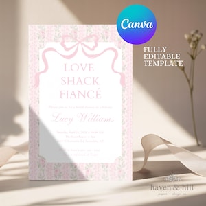 Invitación para despedida de soltera de prometidos de Love Shack / Plantilla editable de Canva / Descarga instantánea