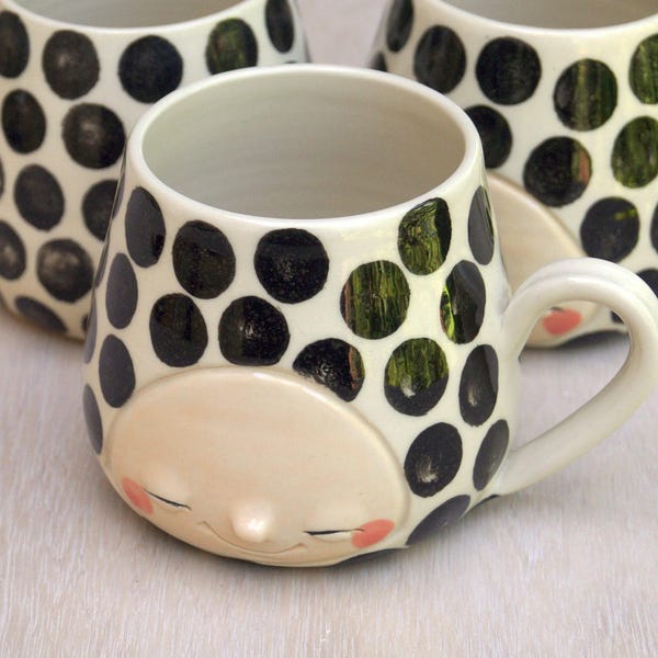 Spotty dog smiling face mug, handmade mug, handmade ceramic, clay mug, coffee mug, tea mug