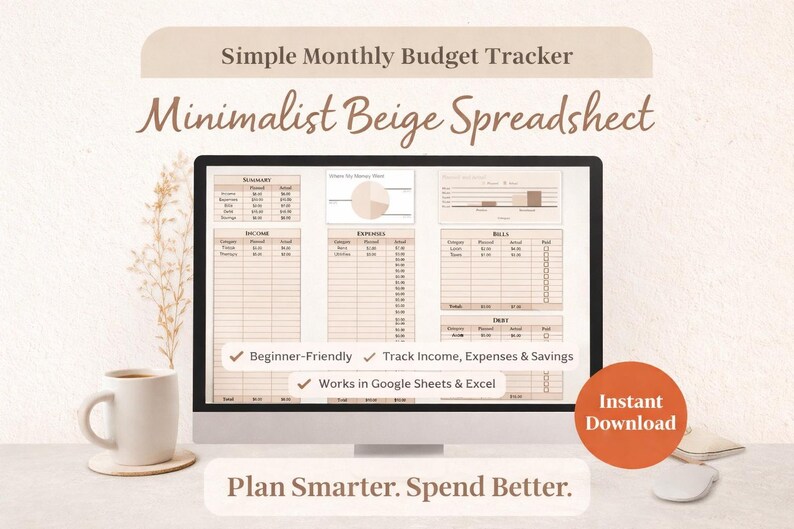 Minimalist Budget Planner Spreadsheet, Beige Finance Tracker (digital ...