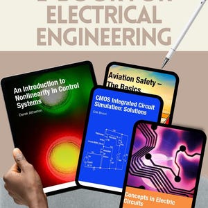 Pode incluir: Imagem com e-books sobre engenharia elétrica. Os títulos incluem "An Introduction to Nonlinearity in Control Systems", "Aviation Safety - The Basics", "CMOS Integrated Circuit Simulation: Solutions" e "Concepts in Electric Circuits."
