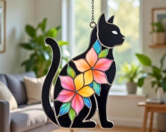 Floral Cat Stained Glass Pattern, Suncatcher Template, Cat Lover Gift (PDF Download)