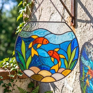 Op de afbeelding: Een ronde glas-in-lood zonnevanger met twee oranje en gele vissen die in blauw water zwemmen. Het ontwerp bevat groene waterplanten en een bodem van beige kiezels, alles gevat in een donker metalen frame dat aan een metalen ketting hangt.