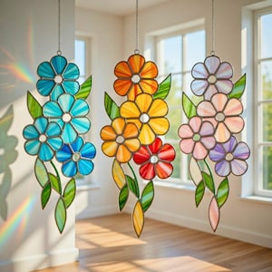 May include: Three stained glass flower panels in shades of blue, orange, and pink, each with green leaves and a chain for hanging. The flowers have detailed petal designs and are suspended in front of a window.
